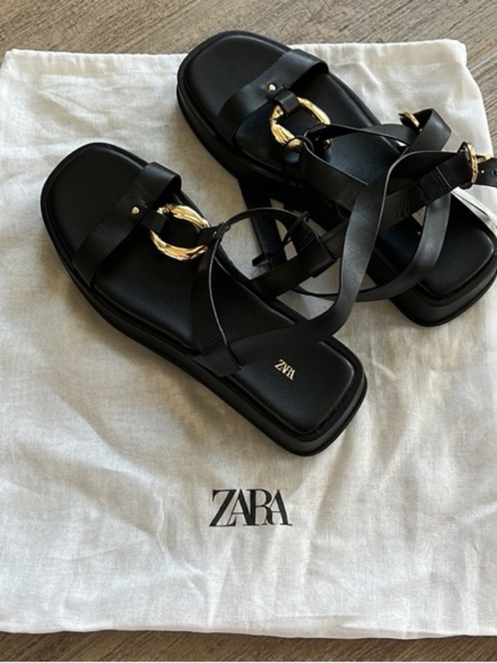 ZARA Black Strappy Sandals with Gold Ring Detail